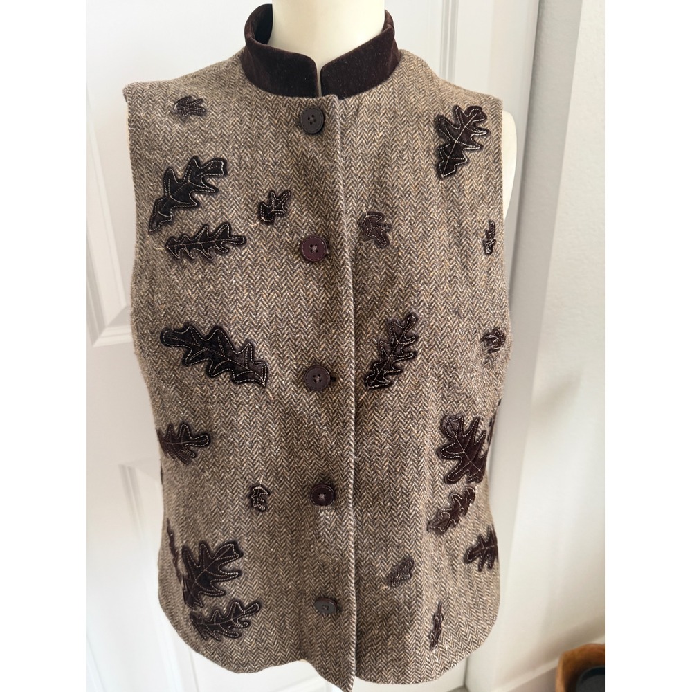 Talbots Petites Wool Silk Herringbone Vest Brown Velvet Leaf Applique Medium P